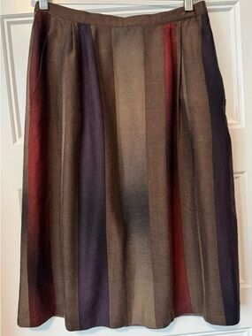 Vintage Soo Yung Lee Striped Midi Skirt Wool Silk Blend A-Line Brown Burgundy S